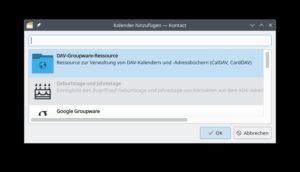 Abbildung 9: Der Dialog <span class="ui-element">Kalender hinzuf&uuml;gen</span> von KDE Kontact bietet als erste Option &uuml;ber das Netz synchronisierte Kalender und Adressb&uuml;cher an.