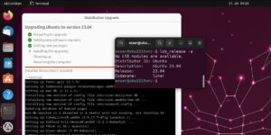 Abbildung 10: Distributions-Upgrade: Das Wallpaper ist aktualisiert, auch <code>lsb_release</code> gibt schon die neue Versionsnummer 23.04 aus.