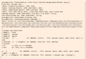 Abbildung 3: Mehr als je einen Aufruf von <code>git clone</code> und <code>make</code> braucht es nicht, um das Whisper-Binary aus dem Quellcode zu bauen.