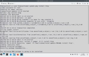 Abbildung 6: Die Installation von Tools und Treibern findet &uuml;ber transaktionale Updates in der Konsole als RPM statt. Die Software landet so beim n&auml;chsten Neustart im unver&auml;nderlichen Root-Dateisystem.