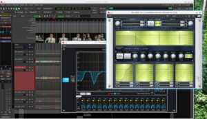 Abbildung 12: Der 16-Band-LSP-Equalizer (links hinten) l&auml;sst sich intuitiv bedienen. Das Multiband-Gate von CALF daneben erlaubt es, nur den Bass-Bereich mit dem Gate zu b&auml;ndigen. Das hilft sehr dabei, die Aufnahme nicht steril wirken zu lassen.