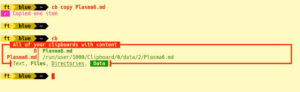 Abbildung 2: Der Parameter zum Kopieren von Inhalten nimmt Texte, Dateien, Verzeichnisse oder Bin&auml;rpakete in ein Clipboard auf. Der Aufruf <code>cb</code> (&auml;quivalent zu <code>cb status</code>) zeigt den Erfolg im ersten Clipboard mit der Nummer&nbsp;0.