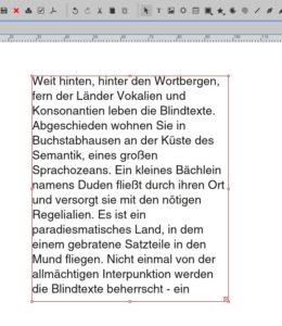 Abbildung 8: Ein Kreuzsymbol rechts unten in Textrahmen bedeutet in DTP-Programmen, dass der eingef&uuml;gte Text nicht in den Rahmen passt. Ein Klick darauf verkettet den Rahmen mit einem weiteren.