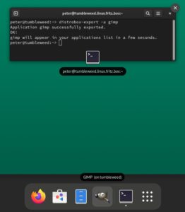 Abbildung 6: Der Aufruf von Distrobox-export in der Distrobox-Shell legt f&uuml;r im Container installierte Programme einen Eintrag im Startmen&uuml; an.