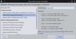 Abbildung 1: Ein PDF-Pseudo-Druckertreiber, der Druckdaten als Datei ausgibt, ist unter OpenSuse nach der Installation von <span class="ui-element">cups-pdf</span> verfügbar.