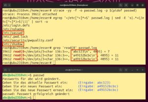 Abbildung 1: Strace sieht alles: Es erkennt sowohl Dateioperationen als auch die Kommunikation mit dem Terminal über Standardein- und -ausgabe.