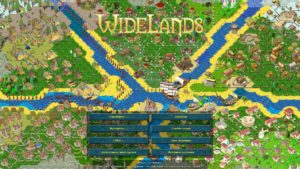Abbildung 1: Das Hintergrundbild des Startbildschirms zeigt die bl&uuml;henden Reiche der f&uuml;nf in Widelands spielbaren V&ouml;lker. &Uuml;ber das Men&uuml; unten starten Sie unter anderem ein neues Spiel, entwerfen neue Karten oder laden Erweiterungen herunter.