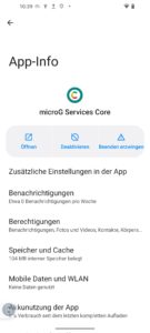 Abbildung 4: In der App-Info zu microG lassen sich Netzwerkzugriff und Berechtigungen verwalten. Hier k&ouml;nnen Sie microG dar&uuml;ber hinaus deaktivieren.