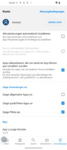 Abbildung 6: In den Einstellungen der App Lounge l&auml;sst sich deren Verhalten anpassen. Unter anderem k&ouml;nnen Sie hier allgemeine Apps abw&auml;hlen und nur quelloffene Apps und PWAs anzeigen lassen.