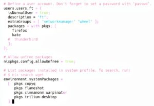 Abbildung 6: Hier eingetragene, systemweit zu installierende Pakete werden bei einem Umzug der <code>configuration.nix</code> auf ein anderes System wieder installiert.