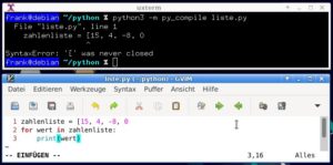 Abbildung 1: Die Syntaxpr&uuml;fung durch das Modul Py_compile liefert eine Fehlermeldung zur&uuml;ck.