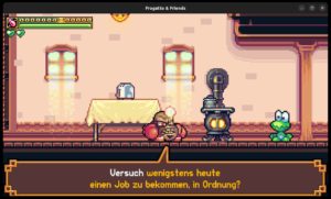 Abbildung 1: Pato, Frogattos Mitbewohner, kritisiert dessen Faulheit und r&auml;t ihm, sich endlich einen Job zu suchen.