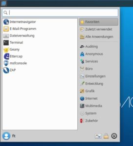 Abbildung 2: Beim Hauptmen&uuml; von Backbox handelt es sich um ein erweitertes Xfce-Men&uuml;, das in den Untermen&uuml;s <span class="ui-element">Auditing</span>, <span class="ui-element">Anonymous</span> und <span class="ui-element">Services</span> seine spezialisierten Werkzeuge einordnet.