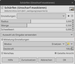 Abbildung 2: Mit dem Sch&auml;rfedialog <span class="ui-element">Unscharf maskieren</span> erreichen Sie, dass helle Bereiche noch heller und dunkle noch dunkler erscheinen. Das empfindet das Auge subjektiv als h&ouml;here Sch&auml;rfe.