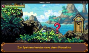 Abbildung 3: Der gr&auml;serne Pfad, das erste Level, fungiert als Tutorial. Hier erfahren Sie beispielsweise, dass Sie &uuml;ber die Plumpsklos den Spielstand speichern.