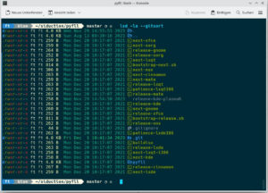 Abbildung 5: Bei Lsd sortieren Sie bei Verzeichnissen mit Git-Anbindung die Ausgabe mit der Option <code>gitsort</code>. Hier sehen Sie, dass der Eintrag <code>release-kde-plasma6</code> noch nicht mit Git synchronisiert wurde.