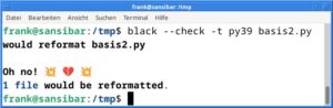 Abbildung 7: Black meldet nach der Pr&uuml;fung auf m&ouml;gliche Korrekturen, dass es eine fehlerhafte Datei identifiziert hat.