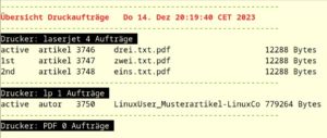 Abbildung 8: Das Skript <code>druckjobs.sh</code> liefert eine schicke, fortlaufend aktualisierte Statusanzeige aller Druckauftr&auml;ge.