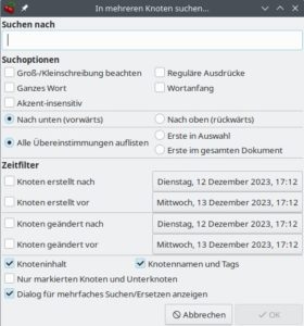 Abbildung 2: Die Suchmaske von Cherrytree stellt viele Optionen intuitiv per GUI zur Verf&uuml;gung.