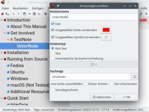 Abbildung 3: Der per [F2] aufgerufene Dialog <span class="ui-element">Knoteneigenschaften</span> f&uuml;gt einer Cherrytree-Notiz (einem Knoten) <span class="ui-element">Suchtags</span> hinzu. Zudem gestattet er, einzelne Notizen in der &Uuml;bersicht optisch hervorzuheben.