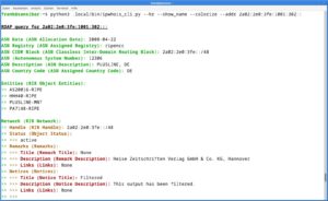 Abbildung 3: Ipwhois liefert über ein Beispielskript eine RDAP-Ausgabe zu einer IPv6-Adresse.