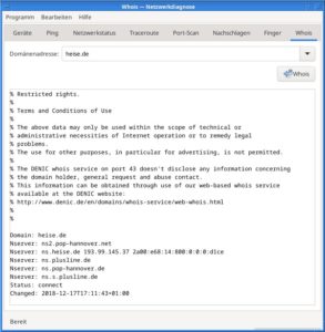 Abbildung 4: Whois-Ausgabe zu einer Domain im grafischen Frontend Gnome-nettool.
