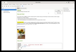 Abbildung 5: Das Desktop-Wiki Zim besticht durch schnell zu tippenden Formatierungscode und das bequeme Verlinken &uuml;ber Schlagw&ouml;rter. Zuschaltbare Erweiterungen generieren das Inhaltsverzeichnis links oben und das Unterfenster <span class="ui-element">R&uuml;ckverweise</span>.