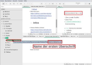 Abbildung 8: Zettlr platziert numerische IDs f&uuml;r die Verlinkung von Notizen entweder am Anfang eines Dokuments oder nutzt dazu den Dateinamen. Dann zeigt der Dateibrowser statt dieser ID die erste &Uuml;berschrift als Name der Notiz.