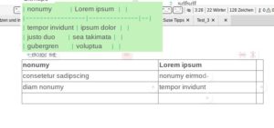 Abbildung 9: Zettlr erleichtert das Erstellen von Tabellen in Markdown mit Unterstrichen (<code>_</code>) und Pipes (<code>|</code>). Andere Texteditoren zeigen den tats&auml;chlich abgespeicherten Markdown-Code (gr&uuml;n).