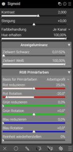 Abbildung 11: Mit dem Modulteil RGB-Prim&auml;rfarben bei Sigmoid manipulieren Sie die einzelnen Farbkan&auml;le Rot, Gr&uuml;n und Blau.