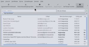 Abbildung 1: Das KDE-Programm Kleopatra stellt die wichtigsten Funktionen des Kommandozeilen-Tools Gpg zur Verf&uuml;gung, wie das Anlegen eines Schl&uuml;sselpaars oder das Signieren einer Datei per Knopfdruck.