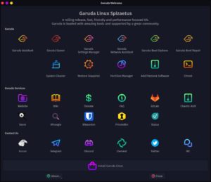 Abbildung 2: Das Übersichtsfenster <span class="ui-element">Garuda Welcome</span> enthält eine Liste von Shortcuts, über die Sie unter anderem auf die Systemanwendungen zugreifen.