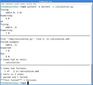Abbildung 2: In <code>calculation.py</code> entspricht lediglich der erste Aufruf von <code>add()</code> der dokumentierten Ausgabe.