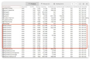 Abbildung 2: Die markierten Prozesse namens <span class="ui-element">Web Content</span> geh&ouml;ren zu Firefox, was sich in der Listenansicht aber nicht erkennen l&auml;sst.
