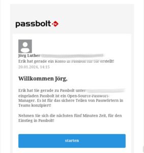 Abbildung 3: Neue Benutzer erhalten eine Einladung zum Freischalten in der Passbolt-Instanz.