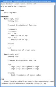 Abbildung 3: Ausgewertete Docstrings lassen sich beispielsweise im Terminal (Pager) ausgeben.