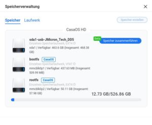 Abbildung 4: Die Speicherverwaltung zeigt das neue Laufwerk und bietet an, es virtuell mit dem internen Laufwerk zusammenzuf&uuml;hren.