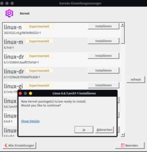 Abbildung 5: Der Kernel lässt sich über den Garuda-Einstellungsmanager aktualisieren.