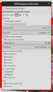 Abbildung 5: Jedes Transformationswerkzeug besitzt ein Einstellungs- und Informationsfenster zur Auswahl von Parametern. Hinzu kommen Werkzeugeigenschaften, die Sie &uuml;ber die Werkzeugeinstellungen anpassen.