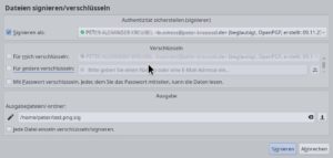 Abbildung 6: Beim Signieren einer Datei errechnet OpenPGP aus dem geheimen Schl&uuml;ssel eine Signaturdatei. Dabei handelt es sich um eine Pr&uuml;fsumme, die sich mit dem &ouml;ffentlichen Schl&uuml;ssel verifizieren, aber nicht reproduzieren l&auml;sst.