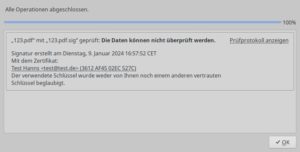 Abbildung 10: Auch wenn der Schl&uuml;ssel nun vorliegt, meldet Kleopatra sachlich zutreffend, dass es die Signatur nicht pr&uuml;fen kann: Ein unbeglaubigter Schl&uuml;ssel hat keinerlei Beweiskraft, selbst wenn die Signatur zu ihm passt.