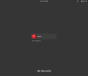 Abbildung 10: Ein containerisiertes, als MicroOS aufgebautes System kann einen Desktop beherbergen, hier als OpenSuse Aeon mit Gnome-Login. Anwendungen sind als Flatpaks zu installieren.