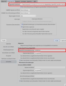 Abbildung 12: Sowohl KMail (oben) als auch Evolution (unten) integrieren GnuPG &ndash; und damit auch alle in Kleopatra erstellten Schl&uuml;ssel. Um Mail-Signaturen und Verschl&uuml;sselung zu aktivieren, gen&uuml;gt es, ein zur E-Mail-Adresse passendes Zertifikat zu w&auml;hlen.
