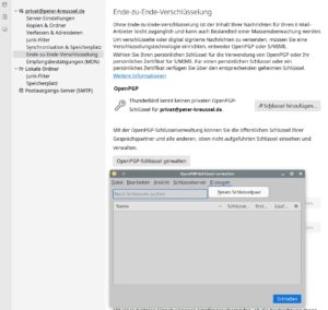 Abbildung 13: Thunderbird unterst&uuml;tzt das Signieren und Verschl&uuml;sseln per OpenPGP inzwischen ohne externe Erweiterung und bringt sogar eine eigene, mit Kleopatra vergleichbare Schl&uuml;sselverwaltung mit. Der Mailclient ignoriert allerdings anders als KMail und Evolution den in Ihrem Home unter <code>.gnupg/</code> liegenden Schl&uuml;sselbund.
