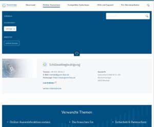 Abbildung 15: Der Suchbegriff "openpgp" in der <span class="ui-element">Anbieterliste</span> der Ausweis-App findet die <span class="ui-element">Schl&uuml;sselbeglaubigung</span>. Der Link <span class="ui-element">zum Anbieter</span> startet die Authentifizierung per Personalausweis, sofern die Ausweis-App bereits l&auml;uft.