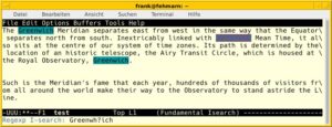 Abbildung 1: Emacs bei der Recherche nach den Suchbegriffen "Greenwich" und "Greenwhich".