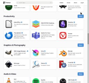 Abbildung 2: Das Flatpak-Repository Flathub beinhaltet über 2500 Programme, grafisch ansprechend dargestellt und in Kategorien sortiert.