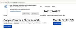 Abbildung 3: Das Installieren der Browser-Erweiterung f&uuml;r GNU Taler in Firefox f&auml;llt leicht und erfordert nur wenige Mausklicks.