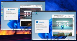 Abbildung 3: Zwei Desktops mit dem Microsoft-Browser Edge und der Winver-Versionsanzeige – links ein echtes Windows 11, rechts Wubuntu.