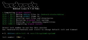 Abbildung 4: W&auml;hrend des erforderlichen Neustarts f&uuml;hrt Bedrock die Installation zu Ende und bietet Debian mit Systemd als Init an. Nach der Installation weiterer Strata stehen diese sp&auml;ter hier zur Auswahl.